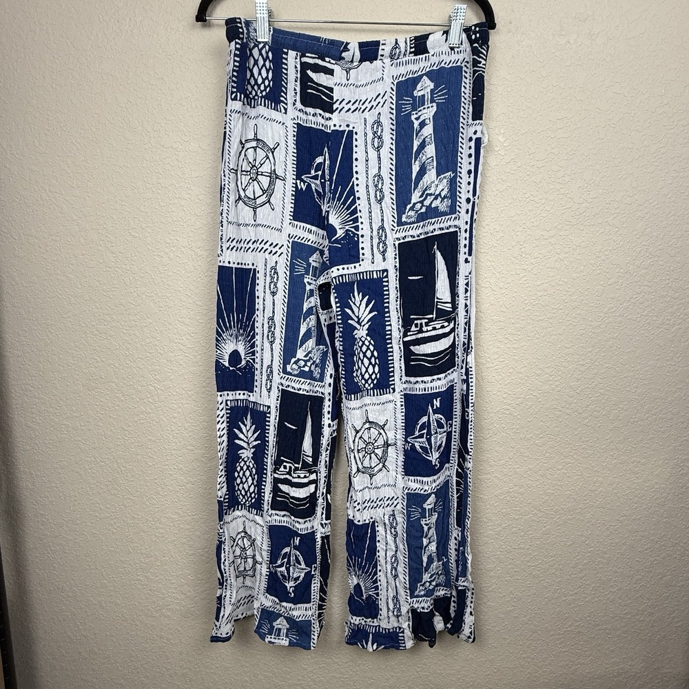 Calypso St. Barth Linen-Blend Wide Leg Nautical Tropical Pants Blue Sz L *read